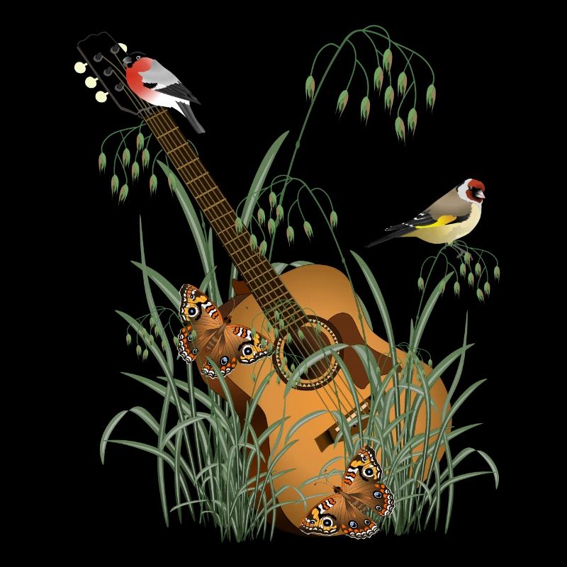 Guitare dans l’herbe avec des oiseaux