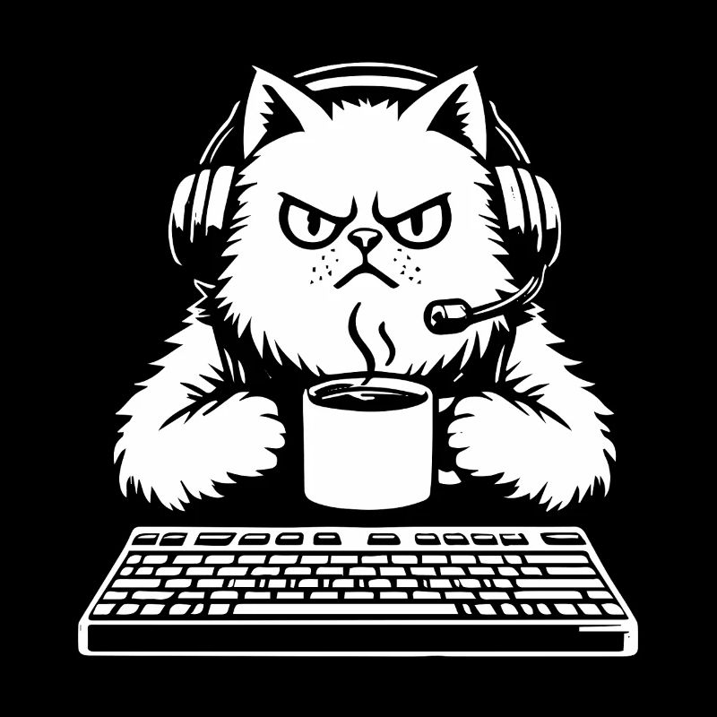 Chat grognon gamer café et clavier