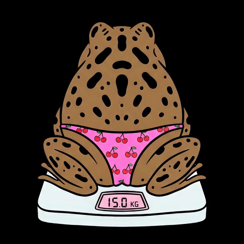 Frosch auf Waage mit Kirschen