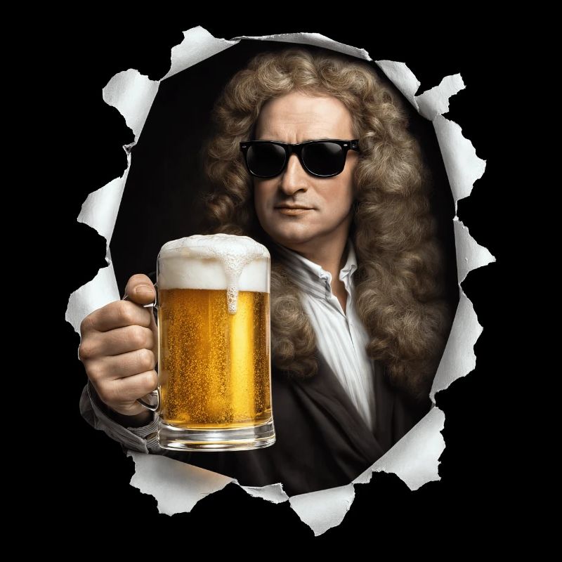 Isaac Newton hält ein Bier