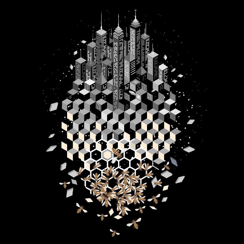 Skyline with bees and honeycombs