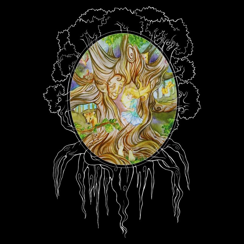 Fille dans l’arbre de la sagesse, chêne, forêt, miroir