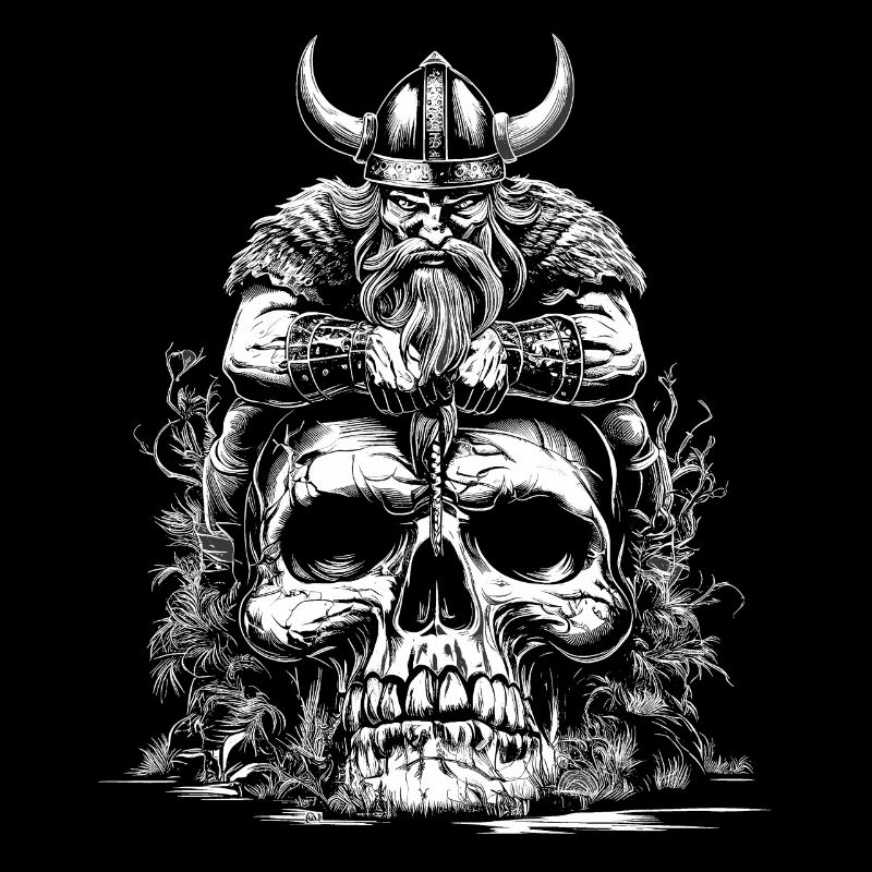 Viking warrior with sword sitting on skull