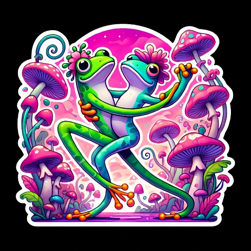 Grenouilles dansant sous les champignons