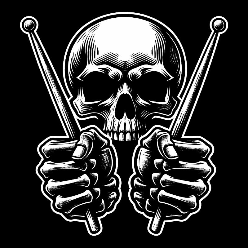 Skull with drumsticks in bone hands