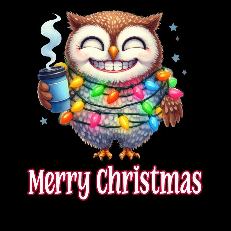 Lustige Eule mit Kaffeebecher Merry Christmas