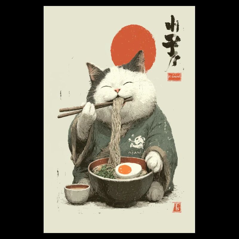 Samurai-Katze schlürft Ramen