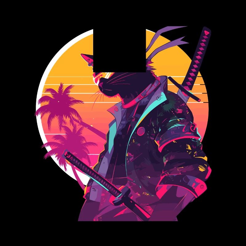Cat Samurai 80's Vintage Style