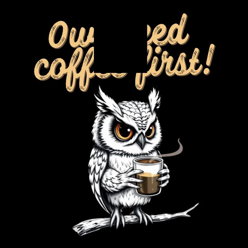 Funny Owl Drinks Coffee Saying Caffeine First
