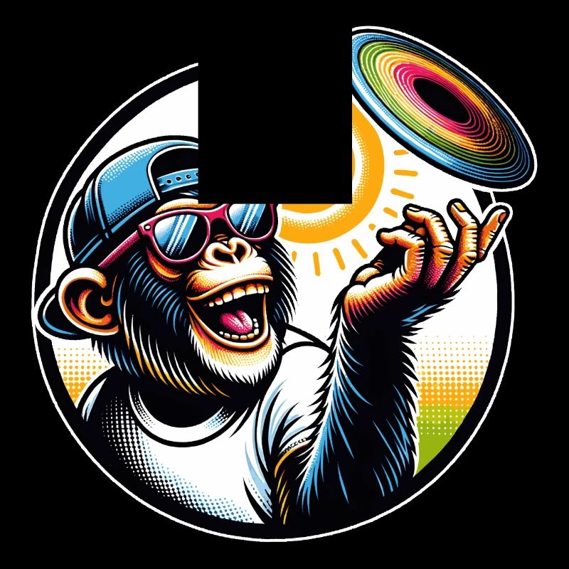 Schimpanse mit Sonnebrille, Basecap und Frisbee