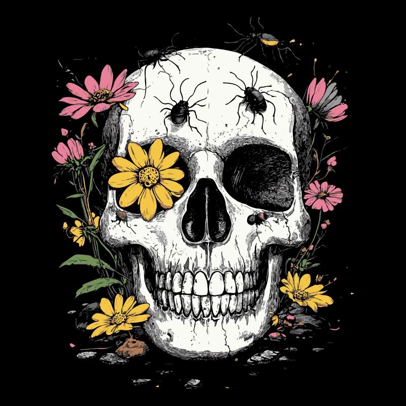Crâne avec des fleurs et des insectes