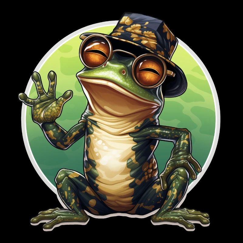 Grenouille cool heureuse avec des lunettes et un chapeau agitant