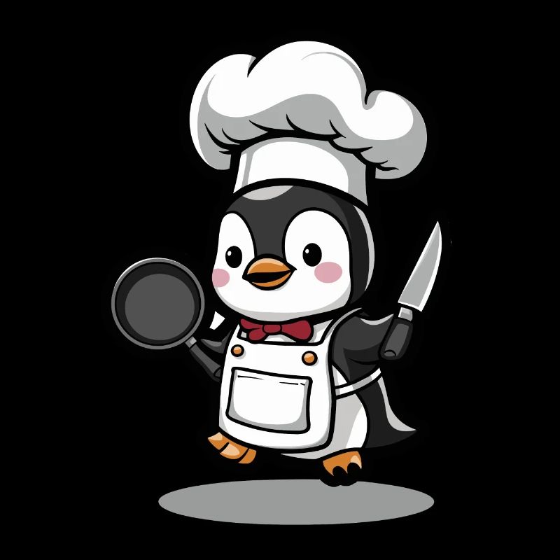 Kochender Pinguin mit Pfanne und Messer
