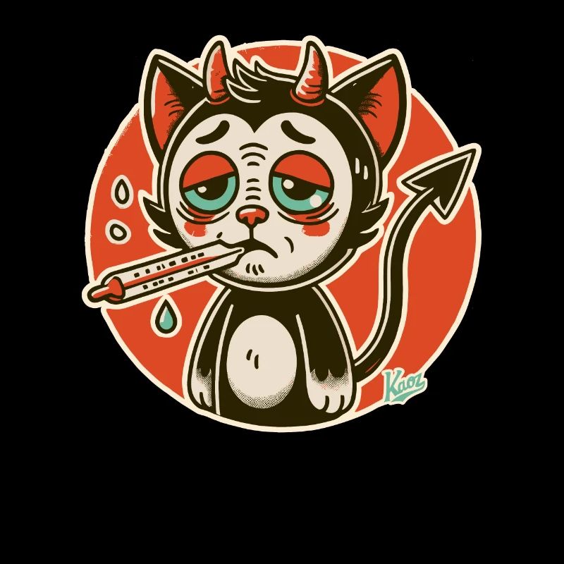 Little sick devil with fever thermometer