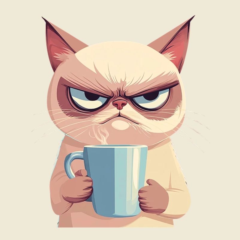 Grumpy-Stil: Grantige Katze mit Kaffee