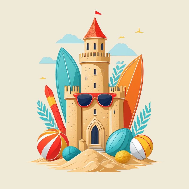 Vacances d’été sur la plage avec château de sable et planche de surf