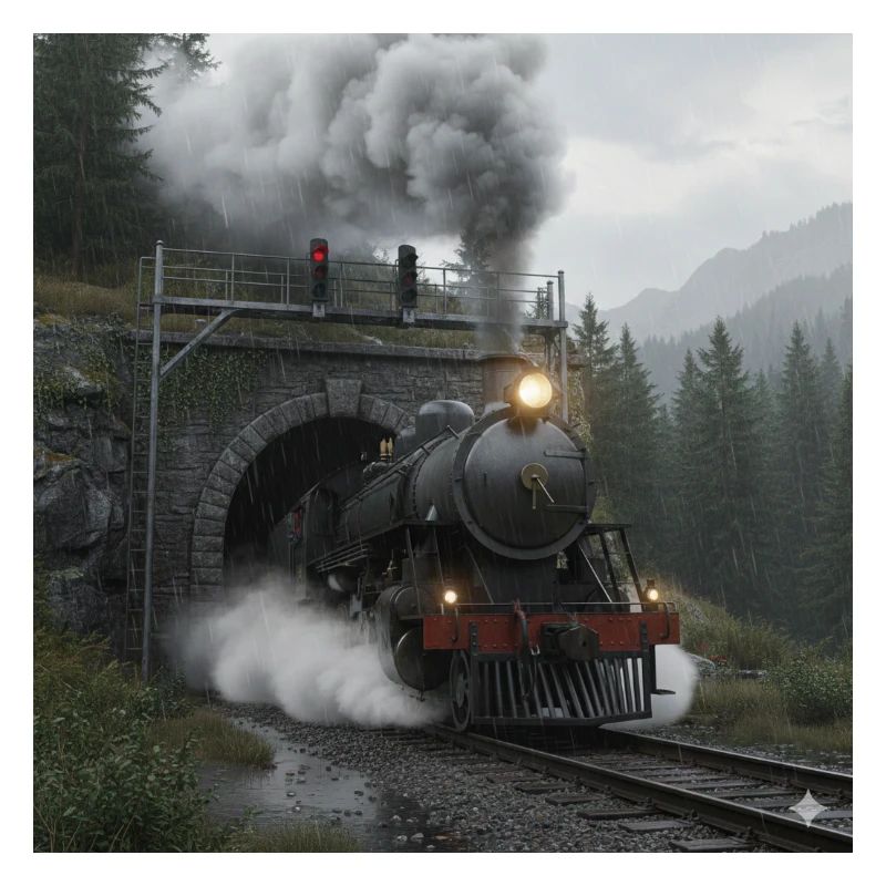 Train à vapeur à travers la forêt au tunnel