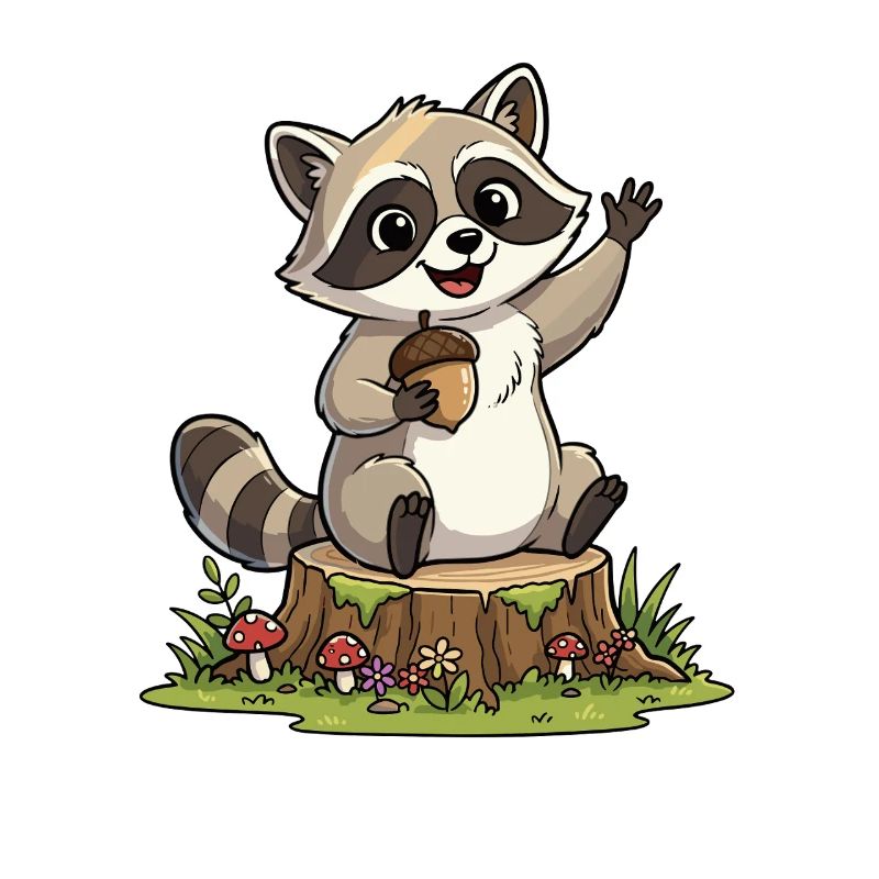 Waschbär am Waldbank mit Eichel