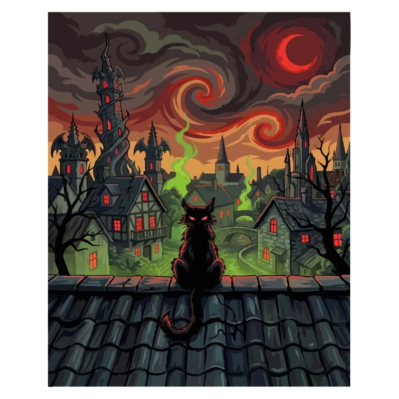 Midnight Rooftop Cat in Witch Town