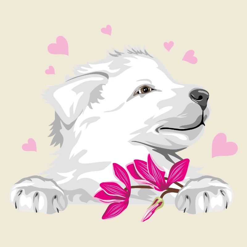 Glücklicher Schweizer Schäferhund mit Blumen und Herzen
