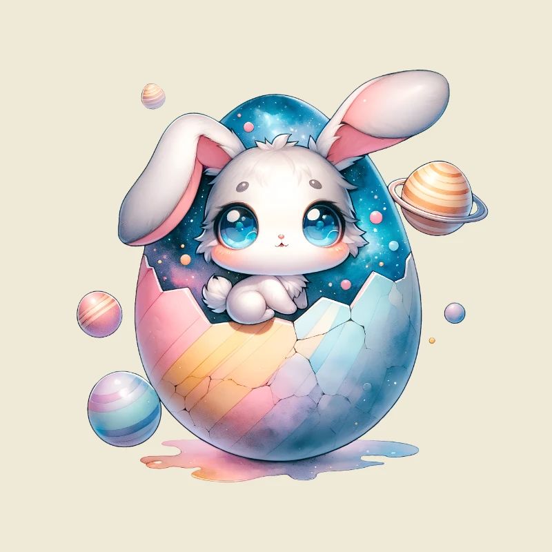 Chibi Space Bunny sitzt In Einem Zerbrochenen Osterei