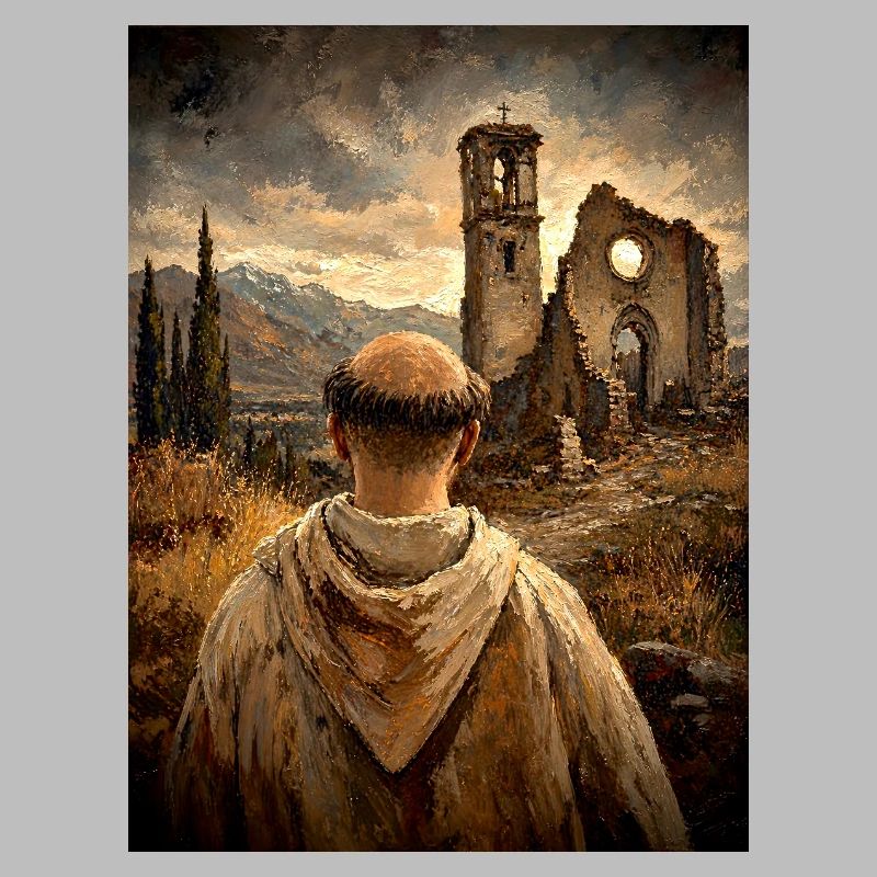 Moine devant les ruines au coucher du soleil
