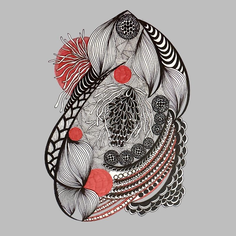 Line flowers pattern with red accent