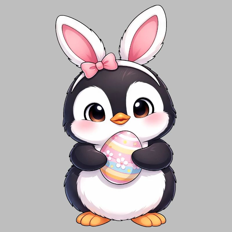 Cute Penguin Cartoon Easter Bunny Bunny Ears Easter Egg