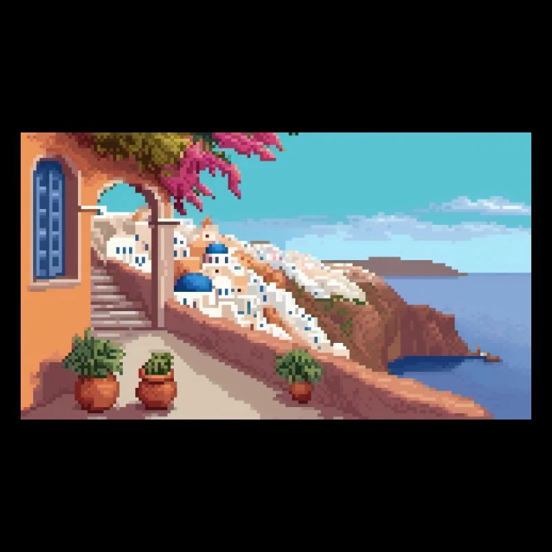 Oia, Santorin, Grèce - Pixel Art