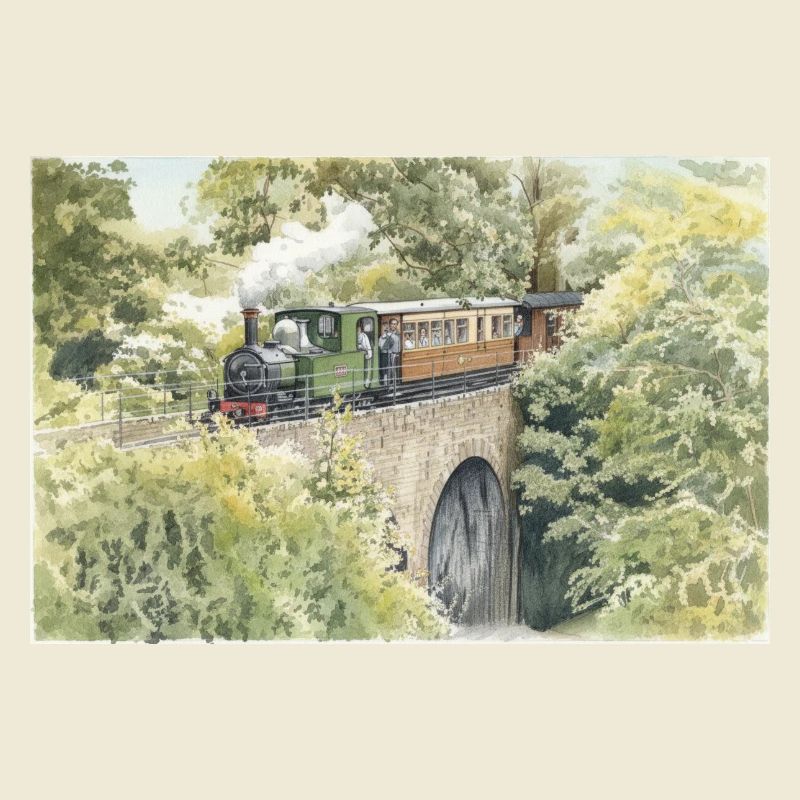 Aquarell-Dampfeisenbahn-Viadukt