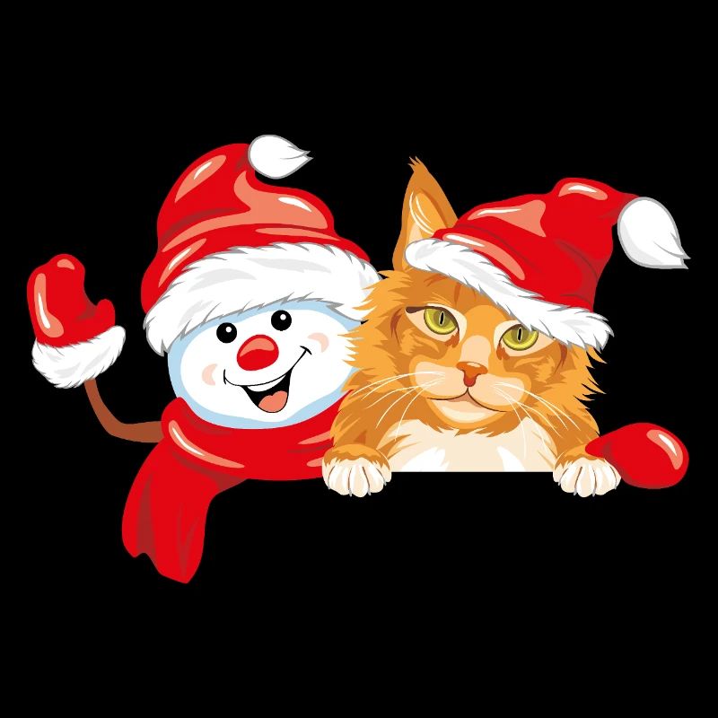 Winkender glücklicher Schneemann und rote Katze