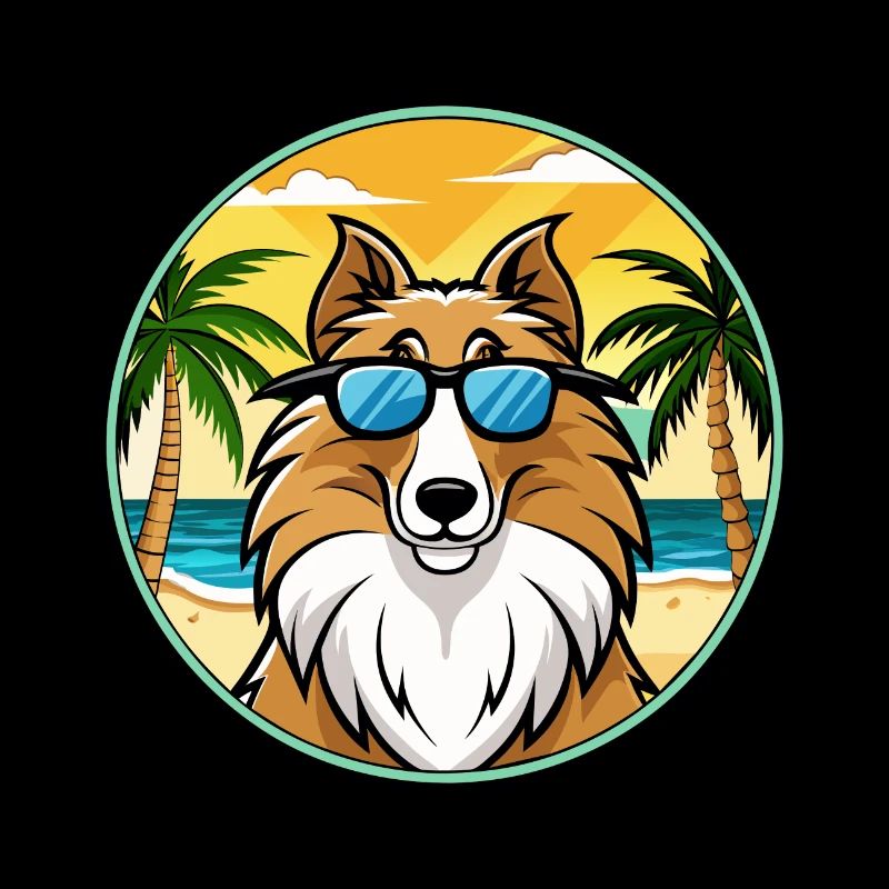 Rough Collie Dog Breed Cartoon Sunglasses Beach