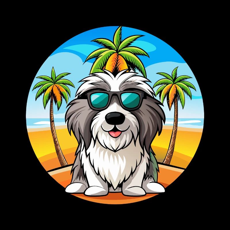 Bearded Collie Dog Breed Cartoon Sunglasses Beach