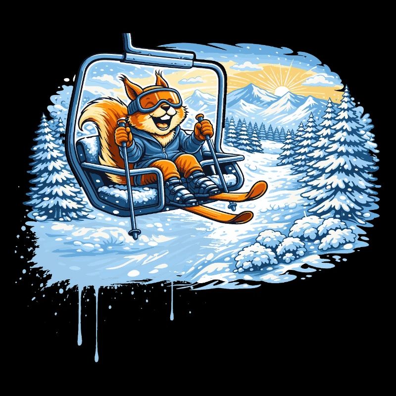 Lustiges Eichhörnchen im Skilift –Winterspaß Motiv