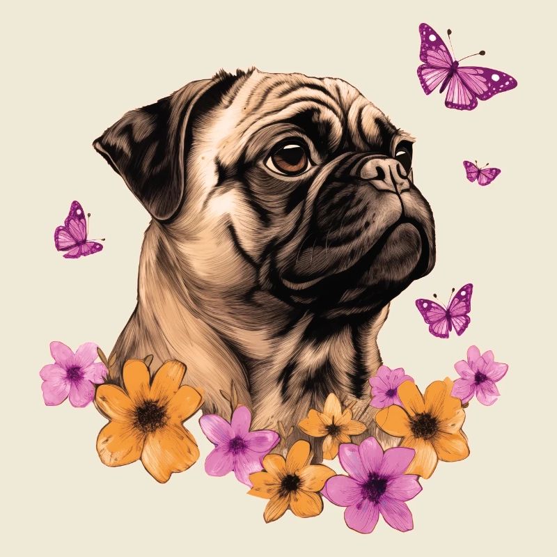 Pug with butterflies
