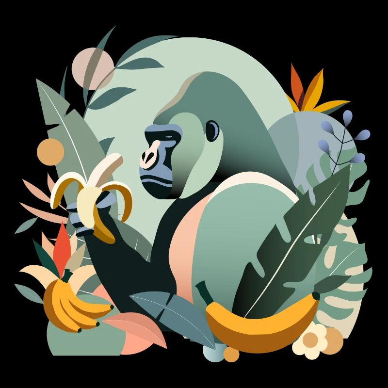 Proud gorilla with banana in tropical environment