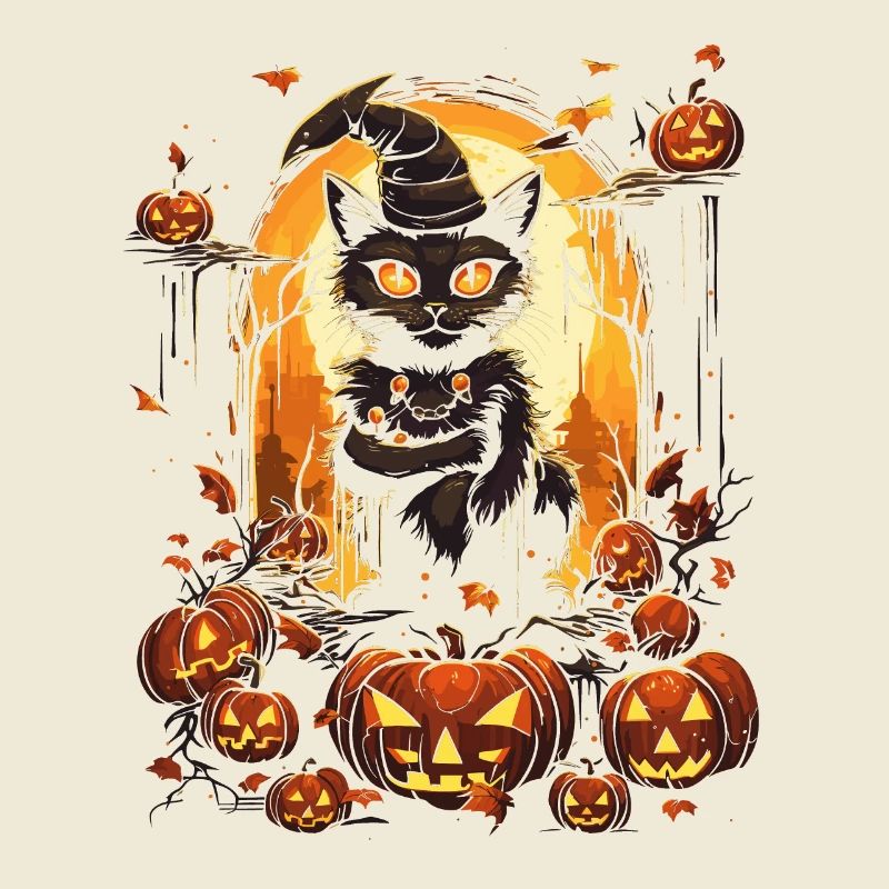 Black witch cat with pumpkins and full moon