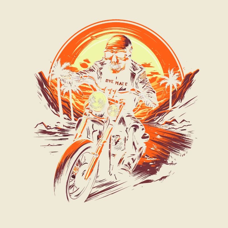 Skeleton On Motorcycle Fire Red Sunset