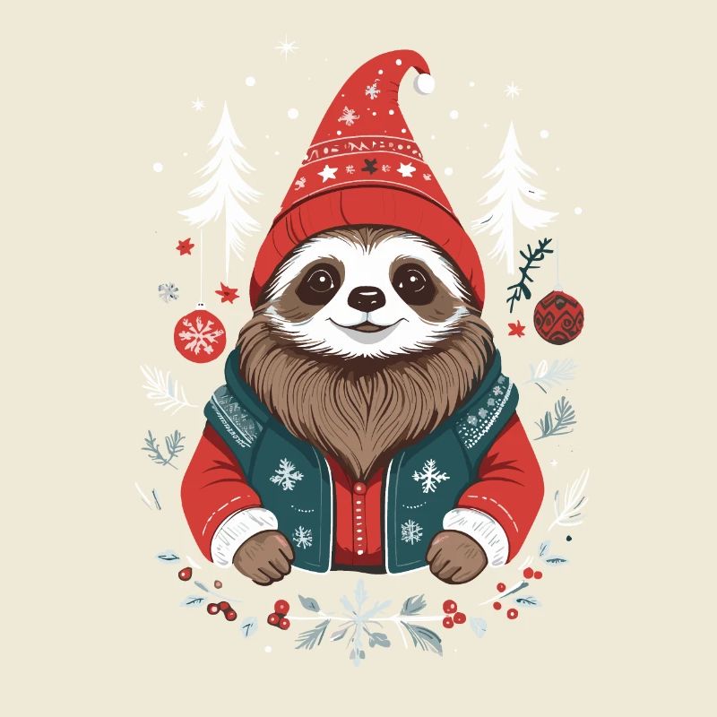 Christmas sloth in winter forest