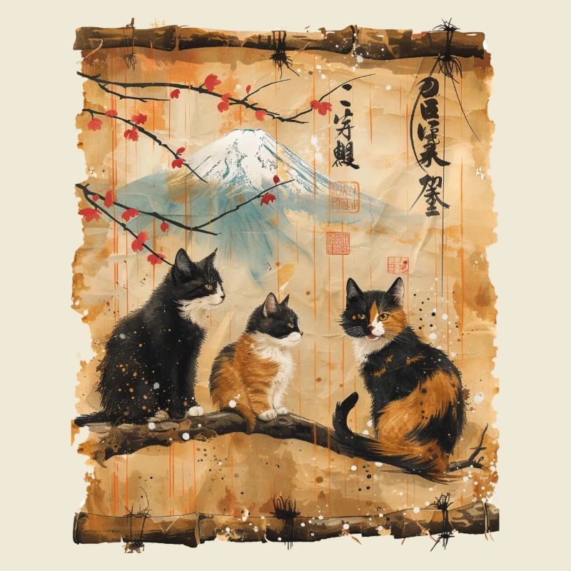 Mt. Fuji Kitten Papyrus Scroll Retro