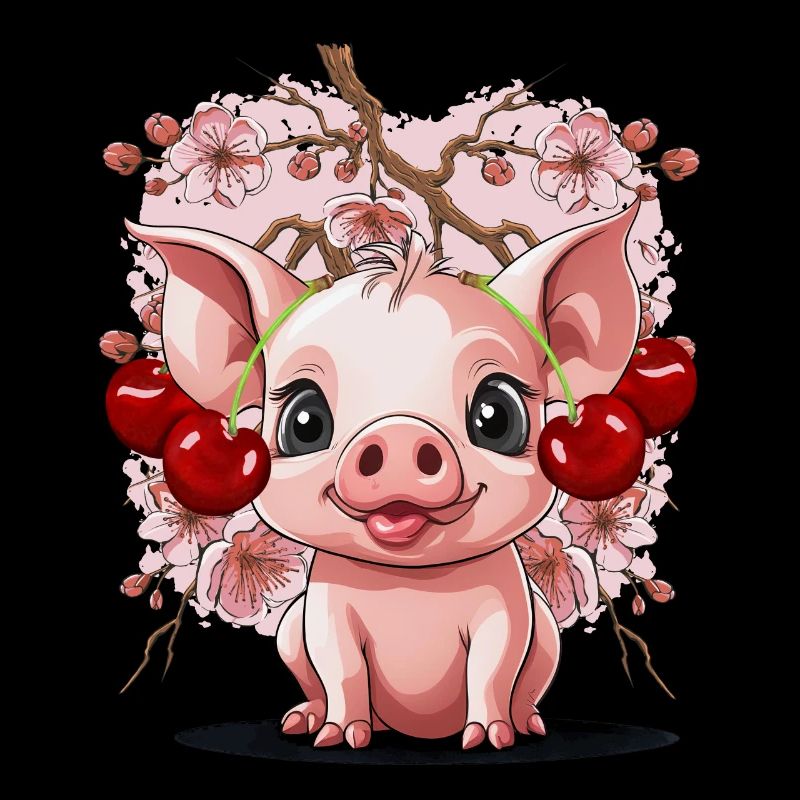 Pig, Cherries, Cherry, Piglet, Cherry Blossom