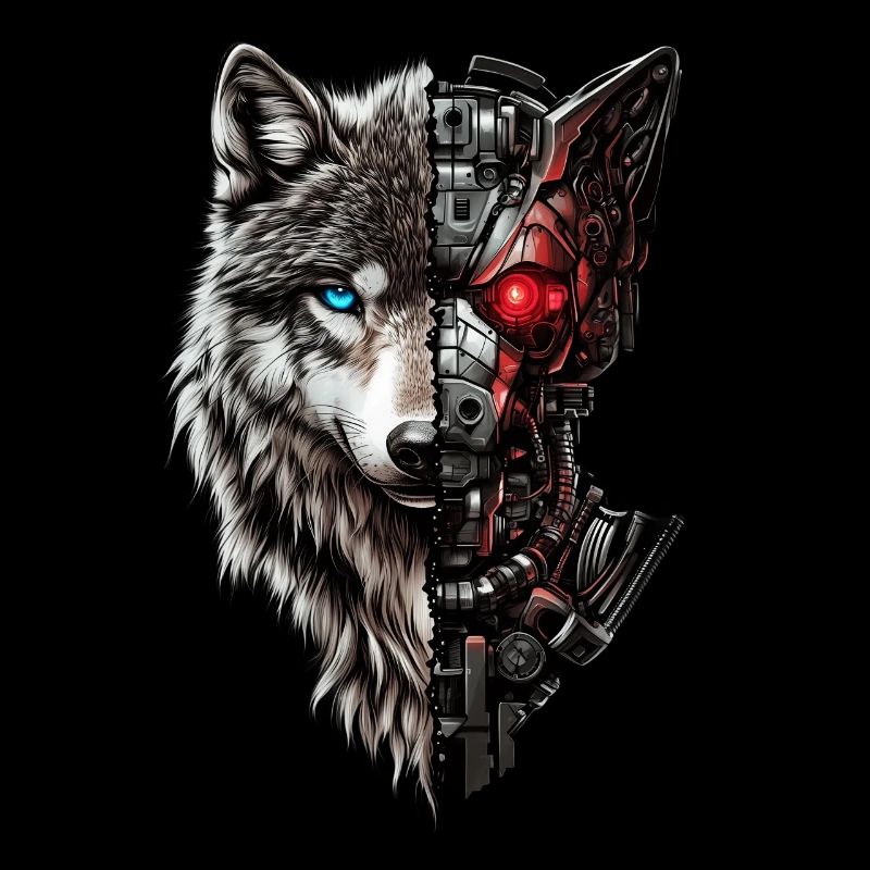 Lustiger Roboter Kunst Wolf Cyborg Tier AI Wolf