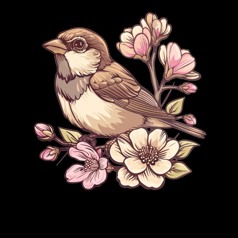 Spatz auf Blütenzweig