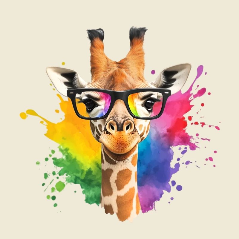 Bunte Giraffe mit Brille und Regenbogen-Spritzer
