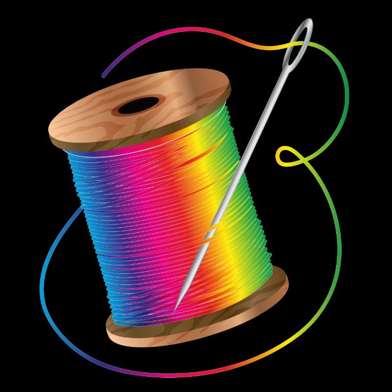 leuchtender Nähgarn in Regenbogenfarben mit Nadel