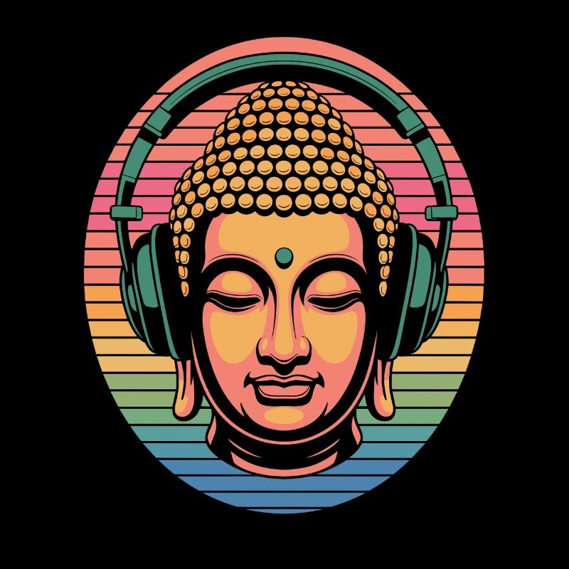 Buddha mit Kopfhörern Achtsamkeit Musik Boho Zen