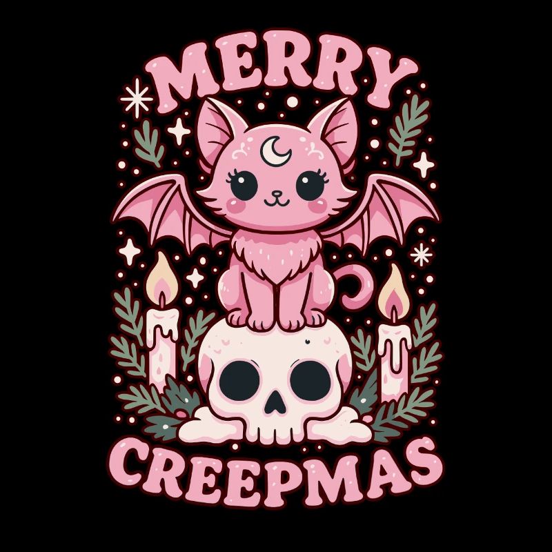 Crâne de Noël gothique pastel de chat Merry Creepmas