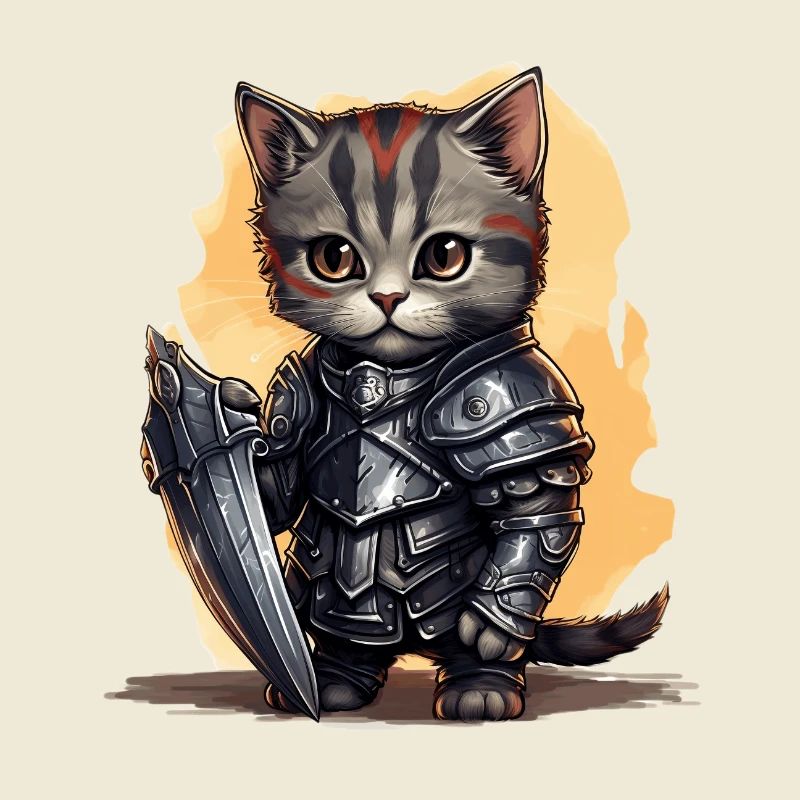Chat dans l’équipement de chevalier avec bouclier, AI Gene