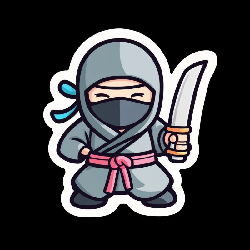 Cute grey ninja with katana sword
