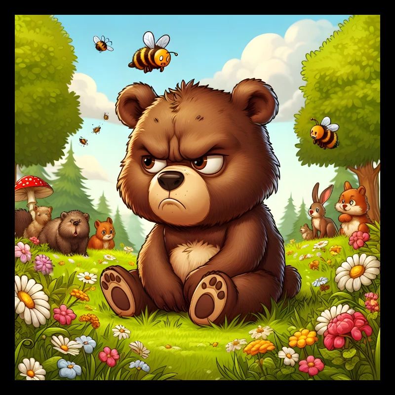 Grim bear surrounded by friends and nature